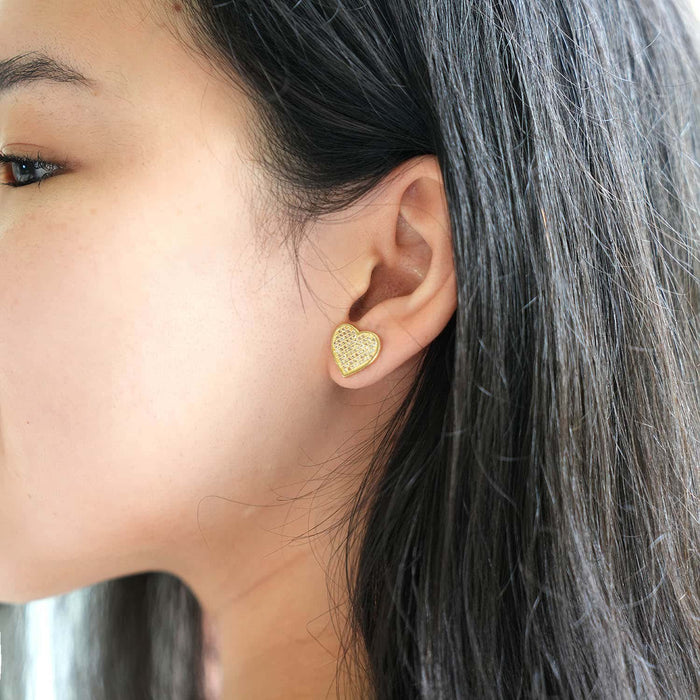 10K Yellow Gold CZ Pave Heart Stud Earrings