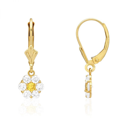 CZ Birthstone Flower  Leverback Earrings 14k Yellow Gold