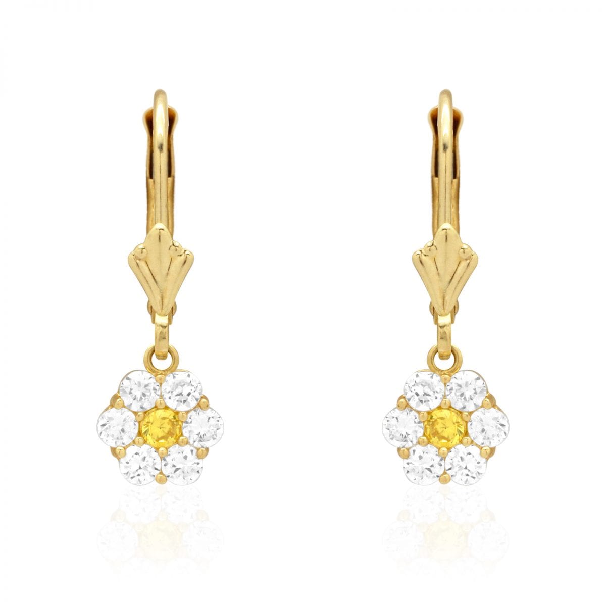 CZ Birthstone Flower  Leverback Earrings 14k Yellow Gold