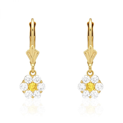 CZ Birthstone Flower  Leverback Earrings 14k Yellow Gold