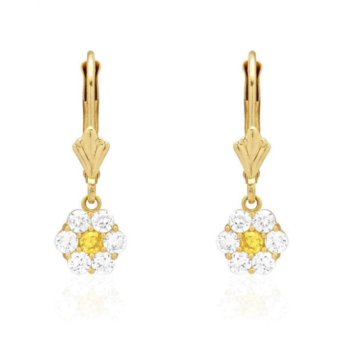 CZ Birthstone Flower Leverback Earrings 14k Yellow Gold