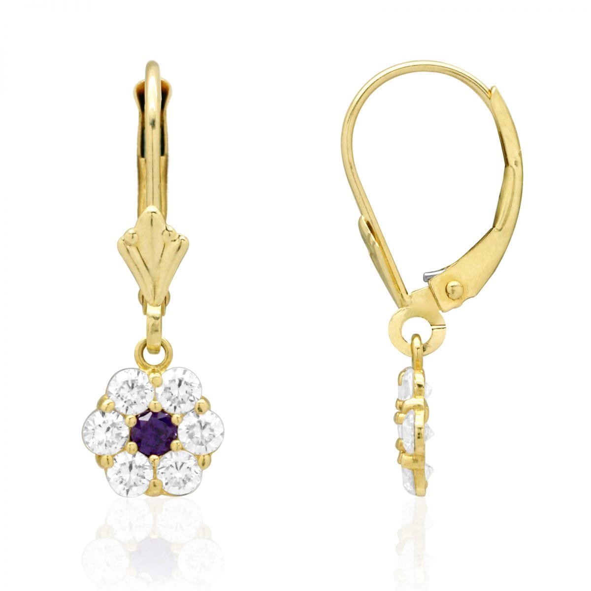 CZ Birthstone Flower  Leverback Earrings 14k Yellow Gold
