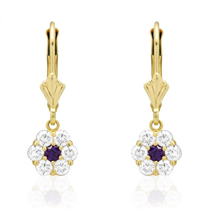 CZ Birthstone Flower  Leverback Earrings 14k Yellow Gold