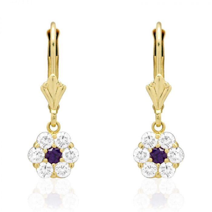 CZ Birthstone Flower Leverback Earrings 14k Yellow Gold