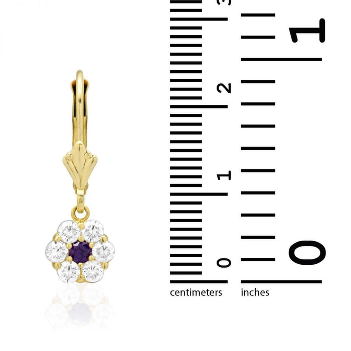CZ Birthstone Flower Leverback Earrings 14k Yellow Gold