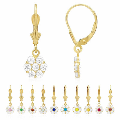 CZ Birthstone Flower Leverback Earrings 14k Yellow Gold