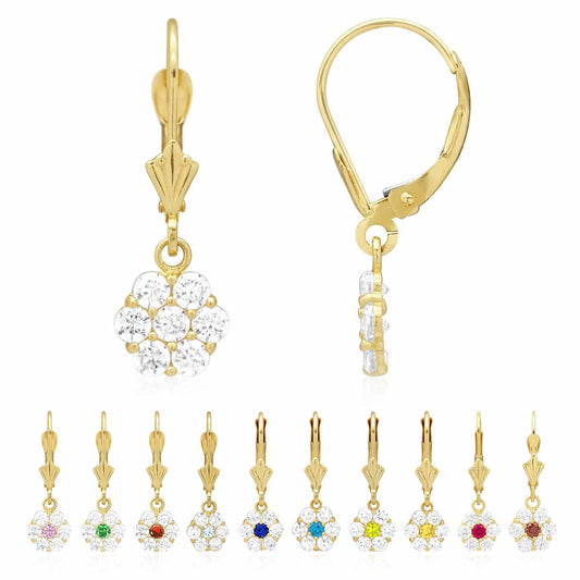 CZ Birthstone Flower  Leverback Earrings 14k Yellow Gold