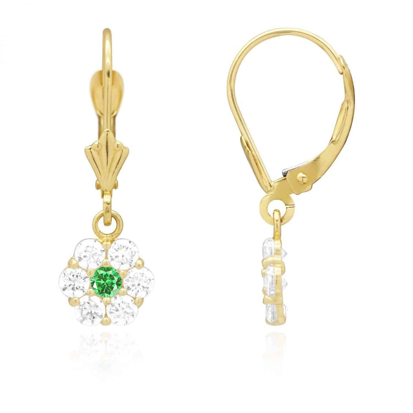 CZ Birthstone Flower  Leverback Earrings 14k Yellow Gold