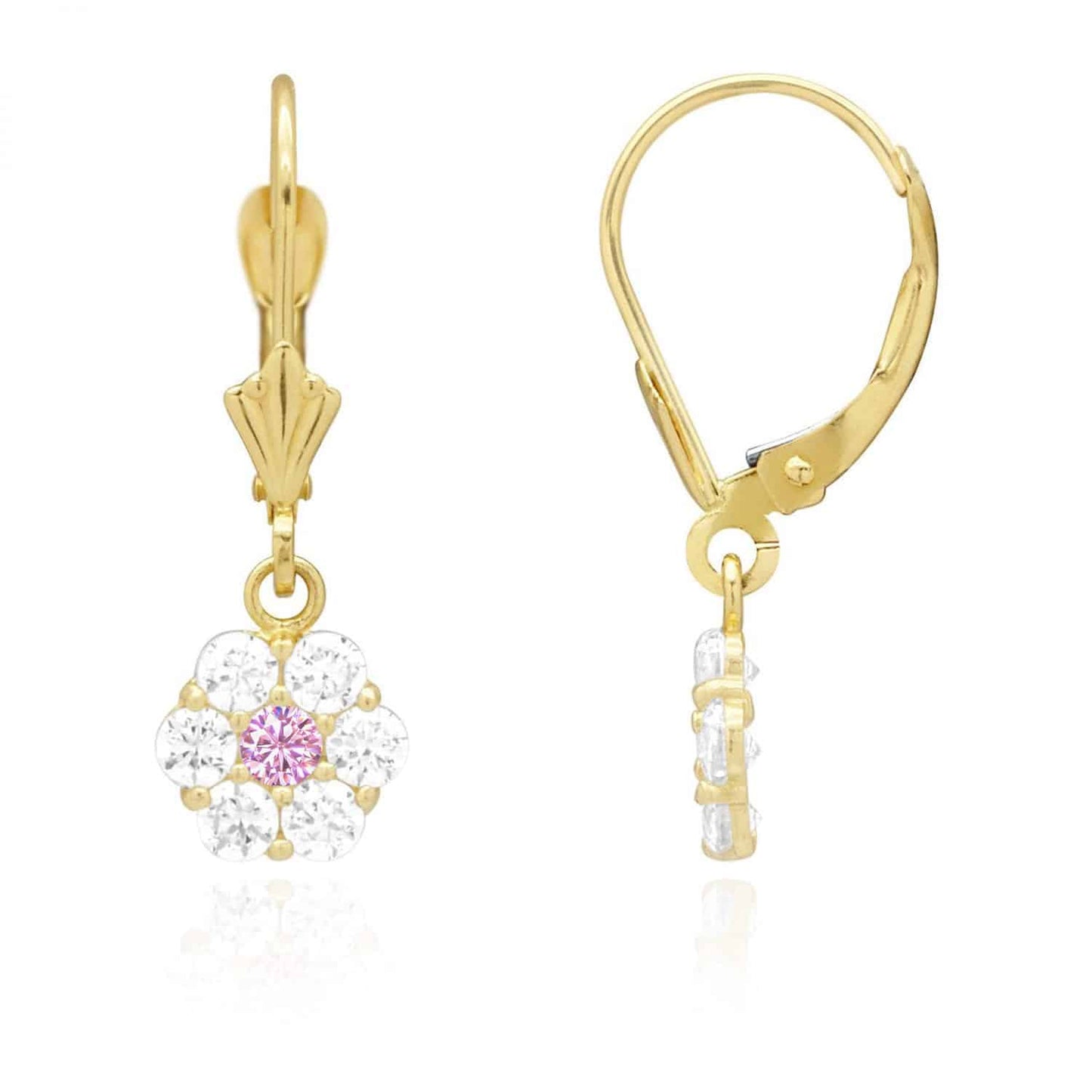 CZ Birthstone Flower  Leverback Earrings 14k Yellow Gold