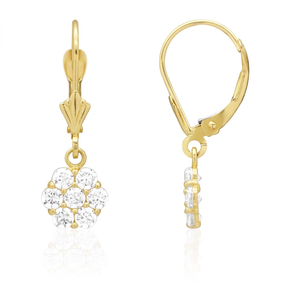 CZ Birthstone Flower  Leverback Earrings 14k Yellow Gold