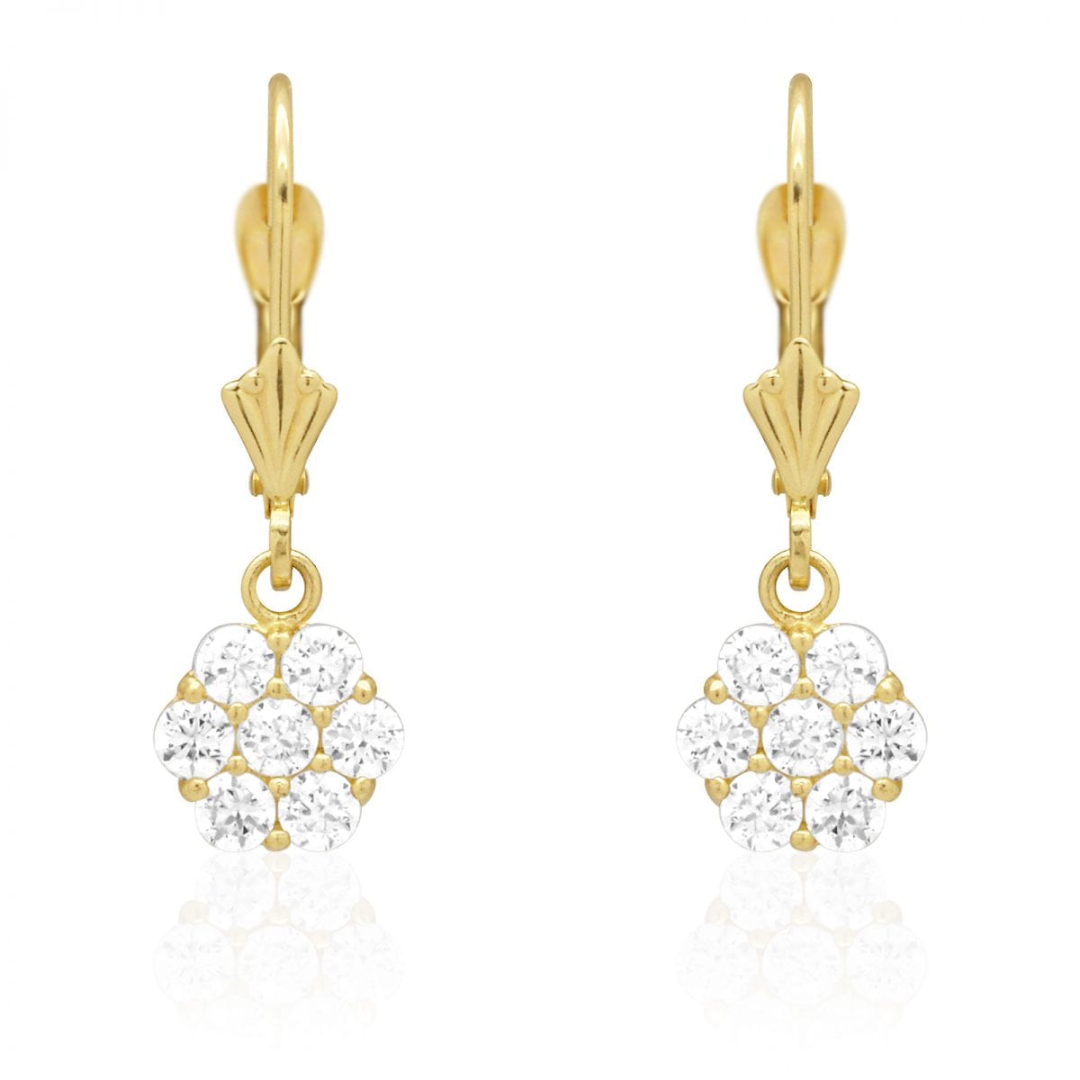 CZ Birthstone Flower  Leverback Earrings 14k Yellow Gold
