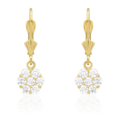 CZ Birthstone Flower  Leverback Earrings 14k Yellow Gold