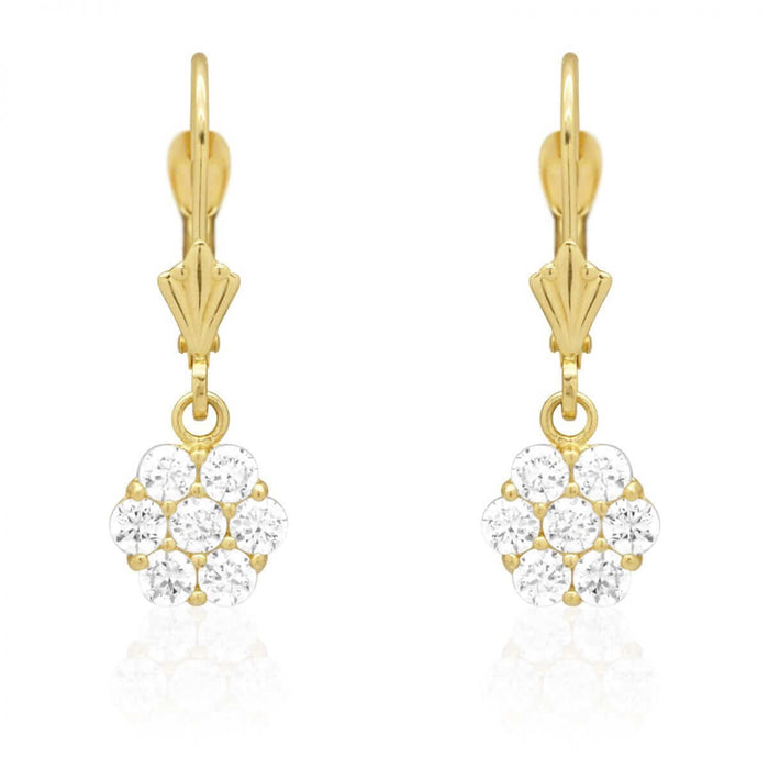 CZ Birthstone Flower Leverback Earrings 14k Yellow Gold