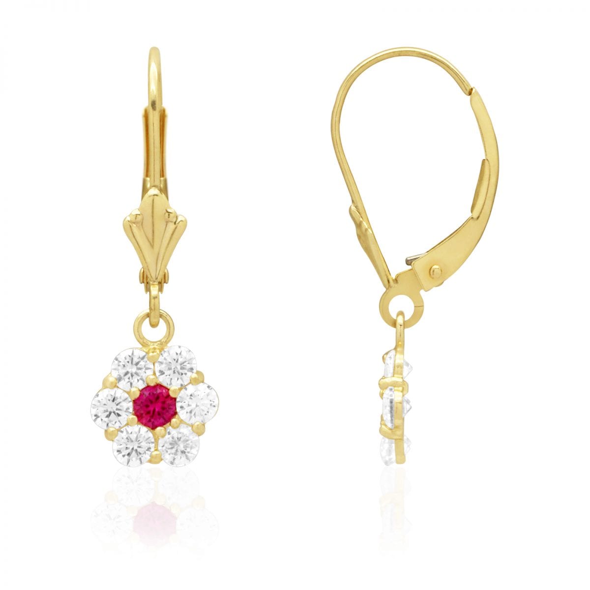 CZ Birthstone Flower  Leverback Earrings 14k Yellow Gold