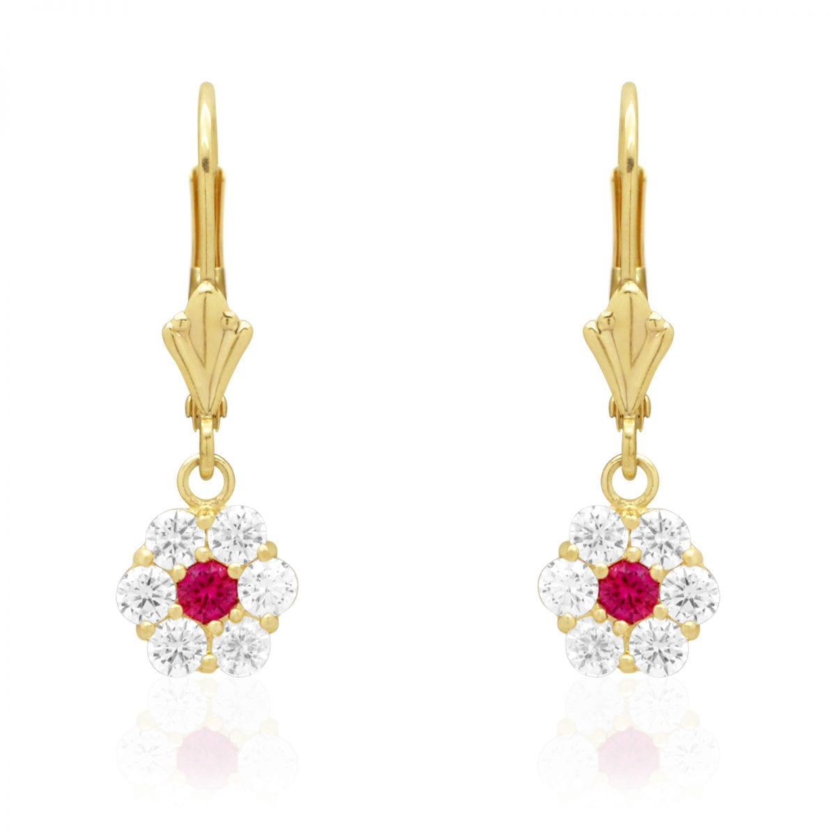 CZ Birthstone Flower  Leverback Earrings 14k Yellow Gold