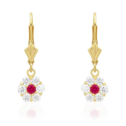 CZ Birthstone Flower  Leverback Earrings 14k Yellow Gold