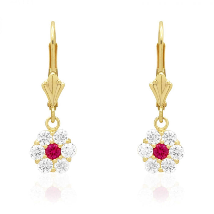 CZ Birthstone Flower Leverback Earrings 14k Yellow Gold