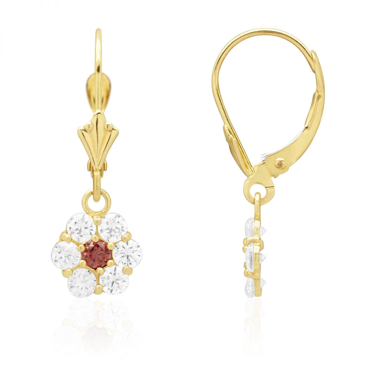 CZ Birthstone Flower  Leverback Earrings 14k Yellow Gold