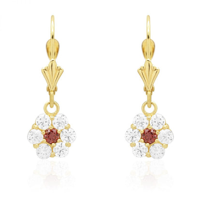 CZ Birthstone Flower  Leverback Earrings 14k Yellow Gold