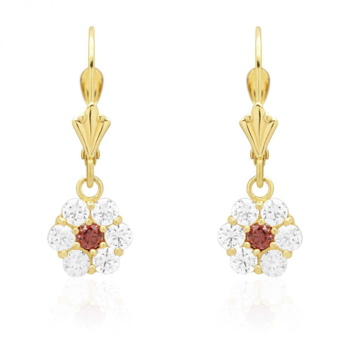 CZ Birthstone Flower Leverback Earrings 14k Yellow Gold