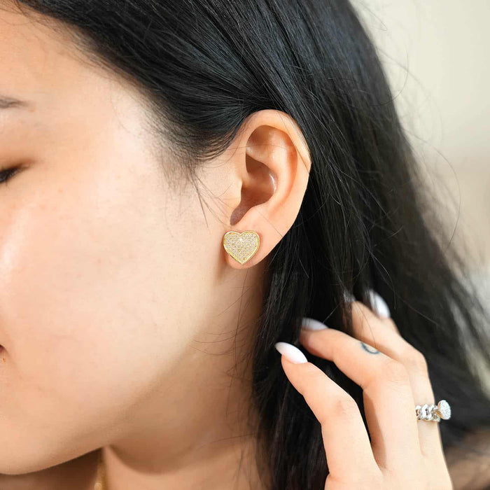 10K Yellow Gold CZ Pave Heart Stud Earrings