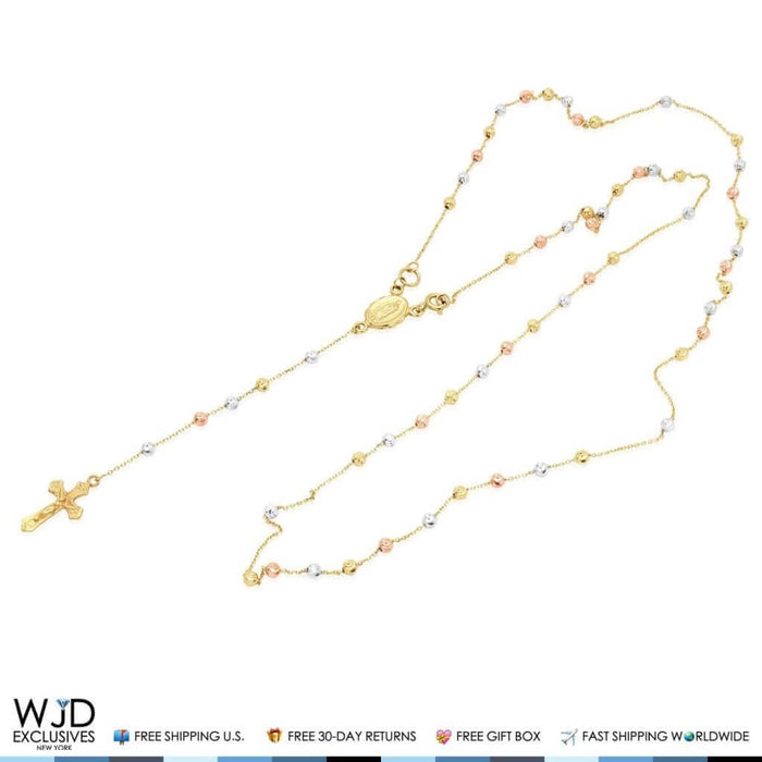 14K Tri-Tone Gold 3mm Diamond-Cut Rosary Cross Beaded Necklace (Hollow) 26"