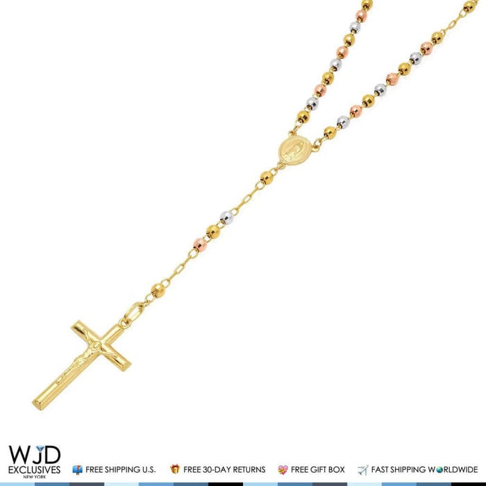 14K Tri-Tone Gold 4mm Diamond-Cut Rosary Cross Beaded Necklace (Hollow) 20"