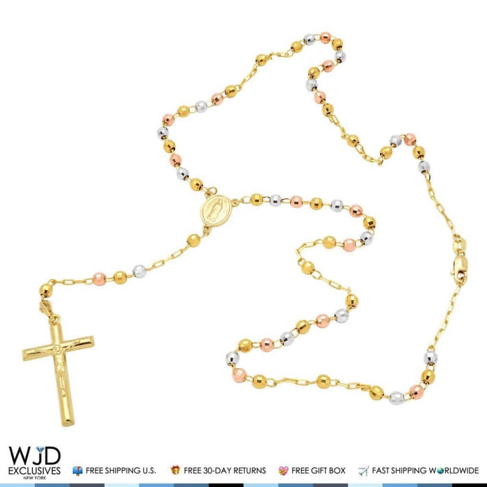 14K Tri-Tone Gold 4mm Diamond-Cut Rosary Cross Beaded Necklace (Hollow) 20"