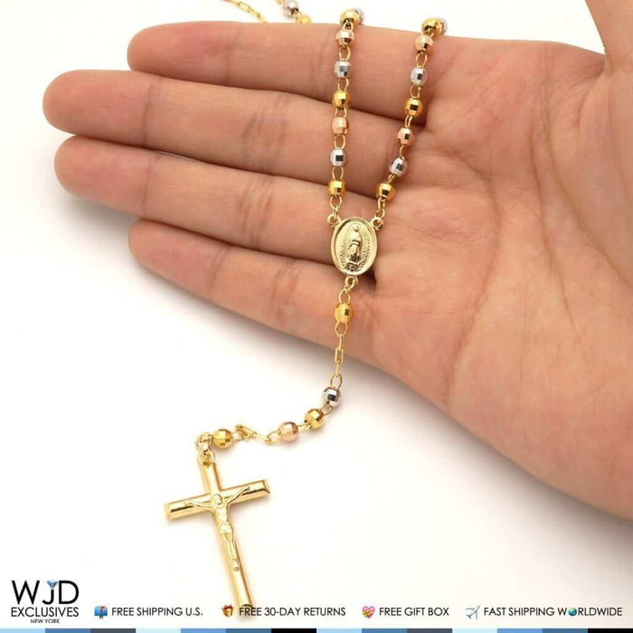 14K Tri-Tone Gold 4mm Diamond-Cut Rosary Cross Beaded Necklace (Hollow) 20"