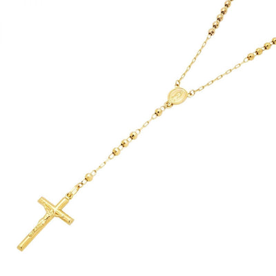 14K Yellow Gold 4mm Diamond-Cut Rosary Cross Beaded Necklace (Hollow) 26"