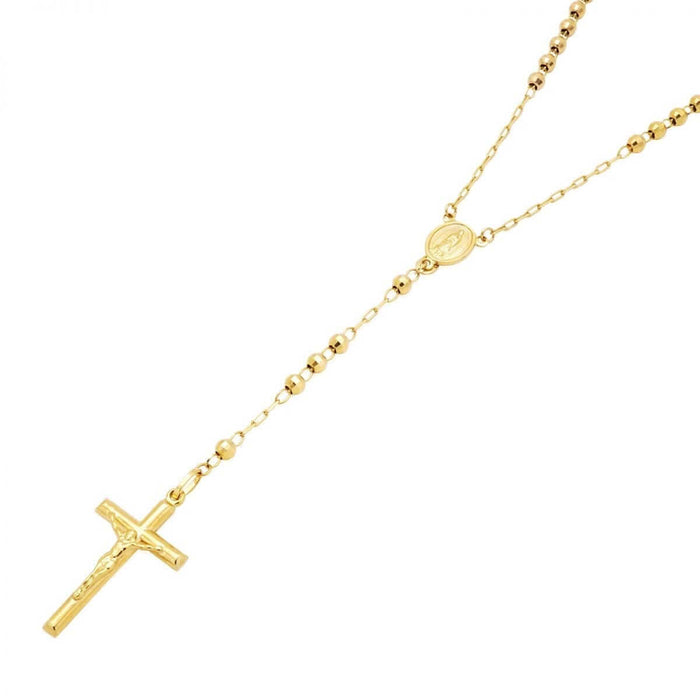 14K Yellow Gold 4mm Diamond-Cut Rosary Cross Beaded Necklace (Hollow) 26"