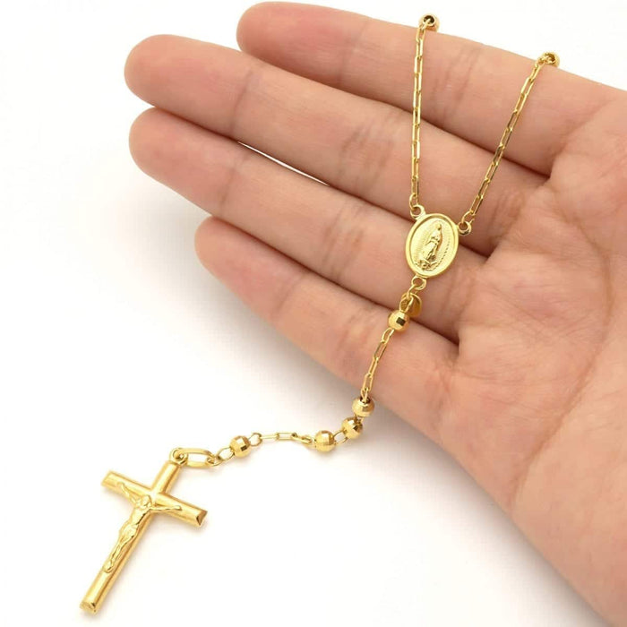 14K Yellow Gold 4mm Diamond-Cut Rosary Cross Beaded Necklace (Hollow) 26"