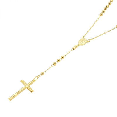 14K Yellow Gold 4mm Rosary Cross Beaded Necklace (Hollow) 26"