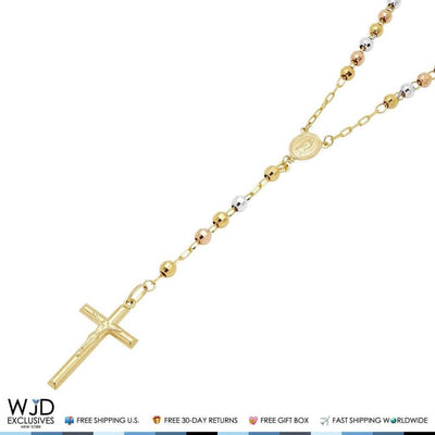 14K Tri-Tone Gold 5mm Diamond-Cut Rosary Beaded Necklace (Hollow) 26"
