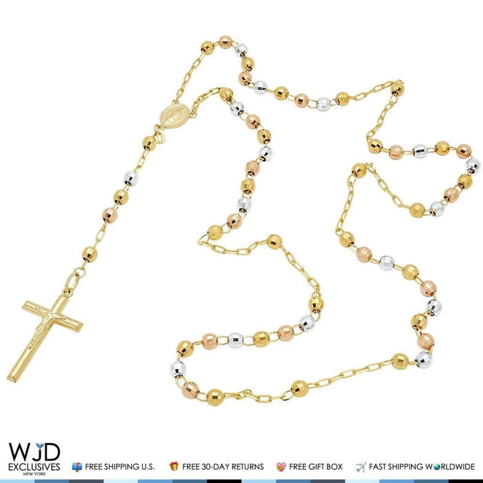 14K Tri-Tone Gold 5mm Diamond-Cut Rosary Beaded Necklace (Hollow) 26"