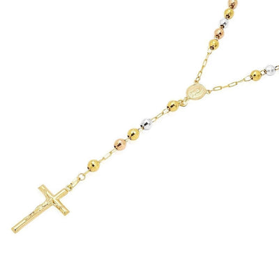 14K Tri-Tone Gold 6mm Diamond-Cut Rosary Beaded Necklace (Hollow) 26"