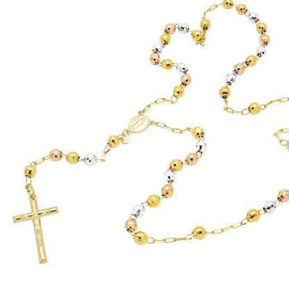 14k Tri-Tone Gold Diamond Cut 6mm Rosary Beads Necklace 26"