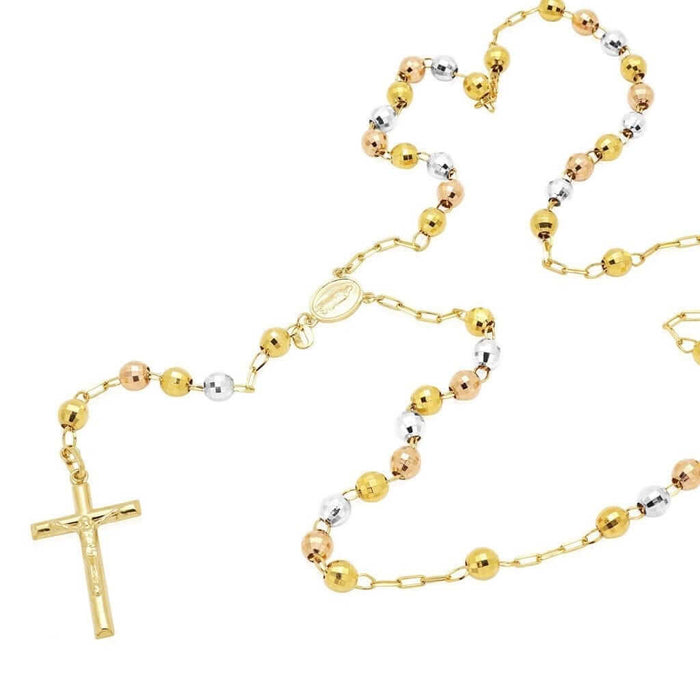 14K Tri-Tone Gold 6mm Diamond-Cut Rosary Beaded Necklace (Hollow) 26"