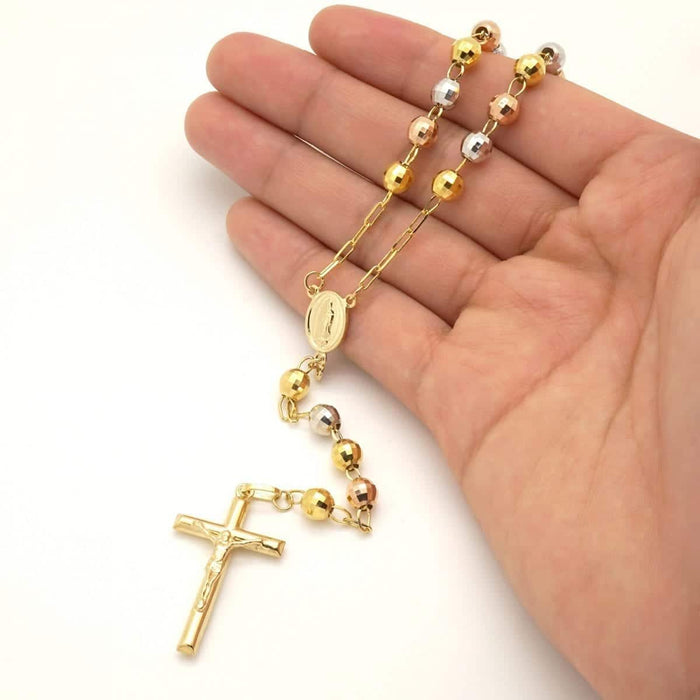 14K Tri-Tone Gold 6mm Diamond-Cut Rosary Beaded Necklace (Hollow) 26"