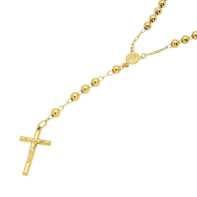 14K Yellow Gold 6mm Rosary Cross Beaded Necklace (Hollow) 26"