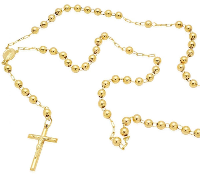 14K Yellow Gold 6mm Rosary Cross Beaded Necklace (Hollow) 26"