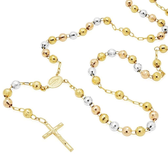 10K Tri-Color Gold Rosary Cross 6mm Beaded Necklace (Hollow) 26"