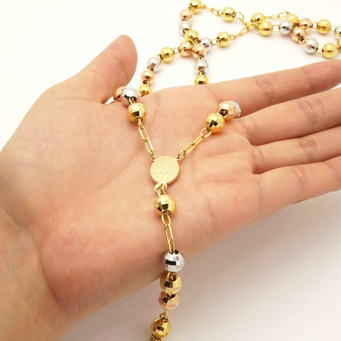 14K Tri-Tone Gold 8mm Rosary Cross Beaded Necklace (Hollow) 30"