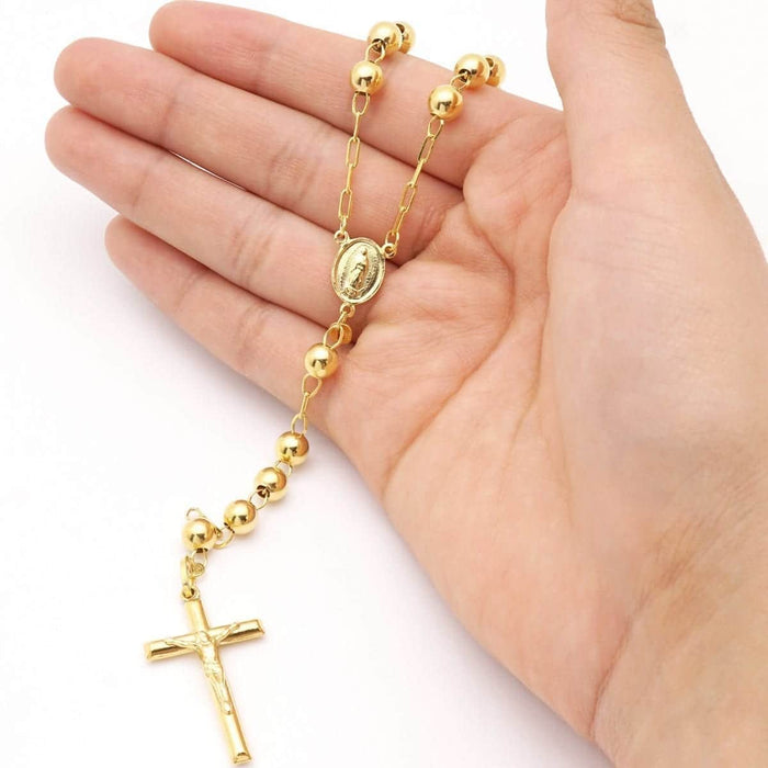 14K Yellow Gold 6mm Rosary Cross Beaded Necklace (Hollow) 26"