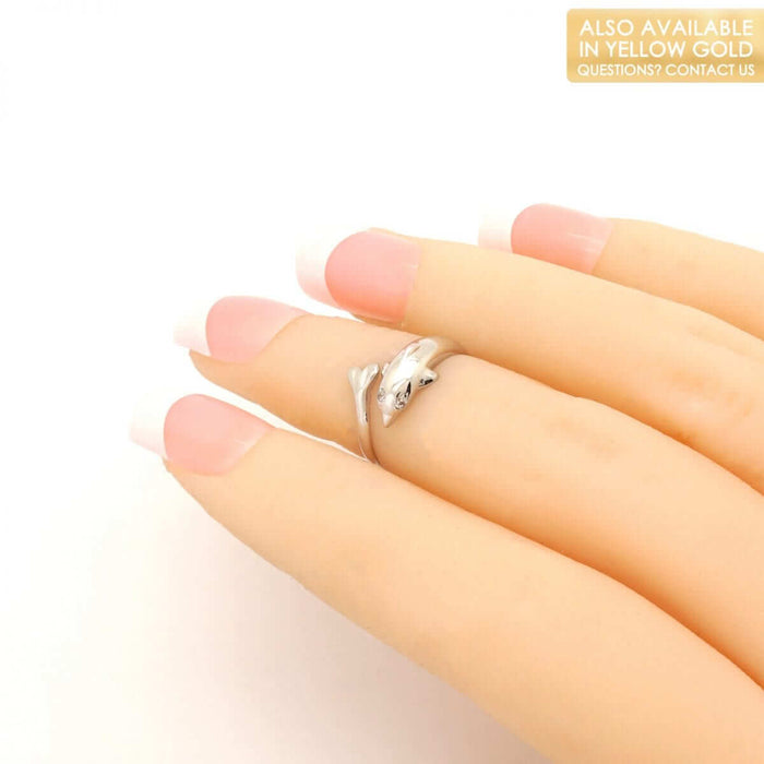 14K Yellow Gold & White Round CZ Dolphin Midi Knuckle Ring 0.05Ct