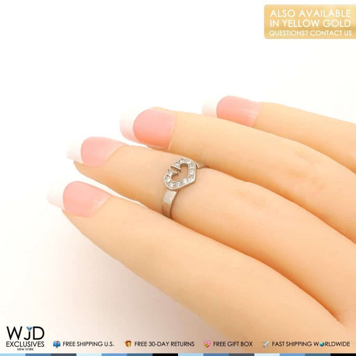 14K Yellow Gold White Pave CZ Open Heart Midi Knuckle Ring 0.25Ct