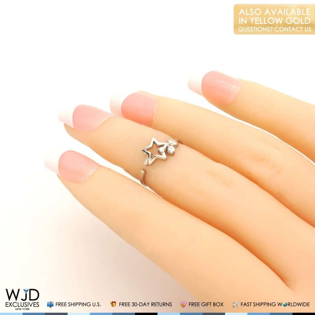 14K Yellow Gold White CZ Star Heart Midi Knuckle Ring 0.10Ct