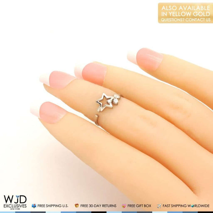 14K Yellow Gold White CZ Star Heart Midi Knuckle Ring 0.10Ct