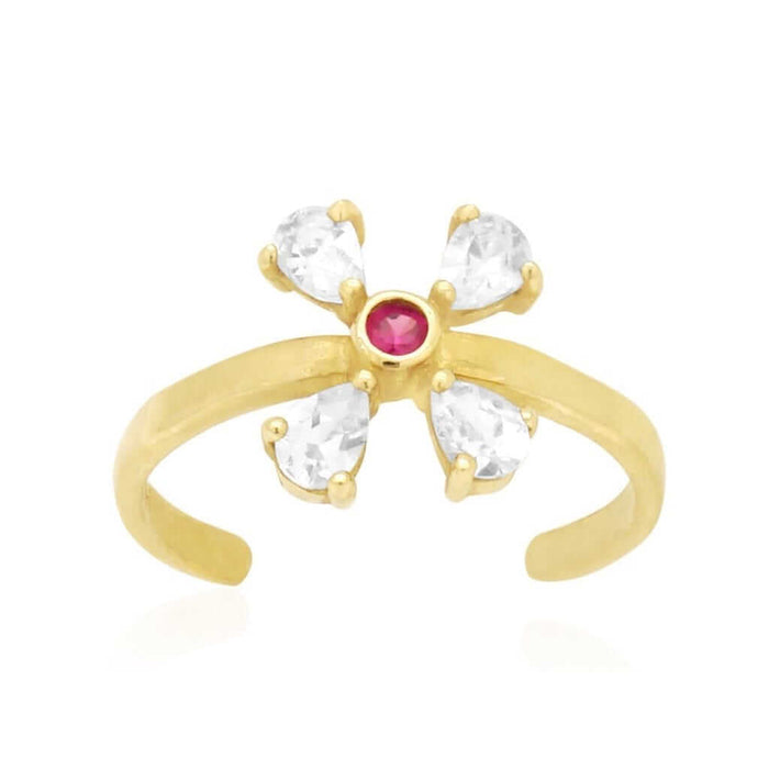 14K Yellow Gold White Prong Pear Simulated White Diamond Ruby Toe Ring