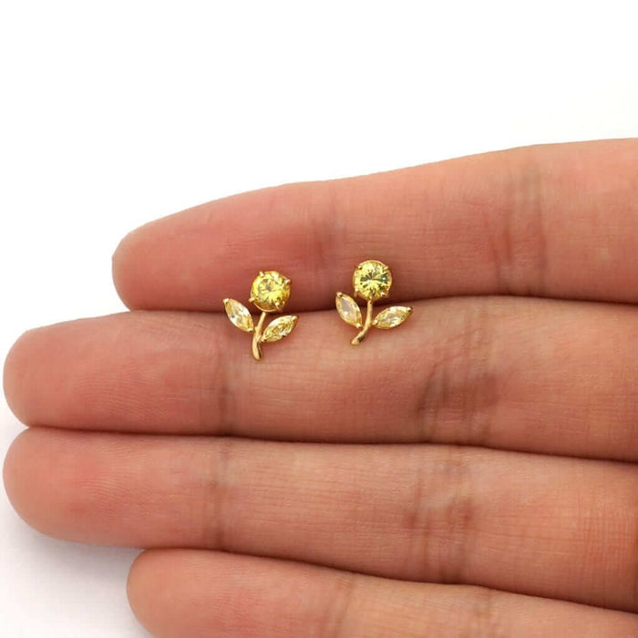 Birthstone Dandelion Flower Stud Kid Earrings 14k Yellow Gold More Variations
